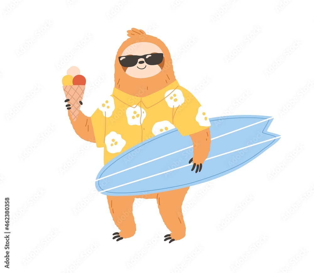 Poster cute sloth surfer in sunglasses holding surfboard and icecream. happy animal in clothes on summer ho