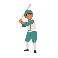 Baseball player, boy playing sports game. Hitter in helmet standing with bat. Happy child athlete training. Active smiling kid in sportswear. Flat vector illustration isolated on white background