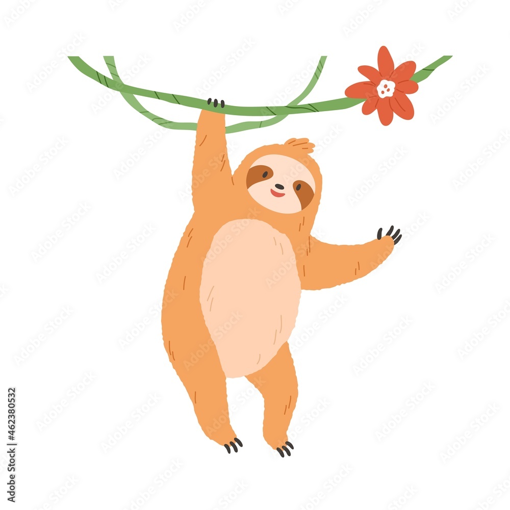 Poster cute sloth hanging on liana branch. happy lazy animal waving with paw. funny slow character smiling 