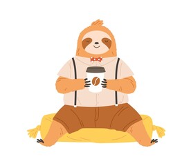 Cute sleepy sloth with coffee cup in paws. Lazy slow animal drinking and enjoying coffe in morning. Funny happy baby character in clothes. Flat vector illustration isolated on white background