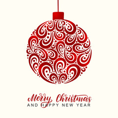 Shiny red foil Christmas ball decorated by hand drawn lettering. Merry Christmas and happy new year trendy illustration as card, postcard, social media post template.