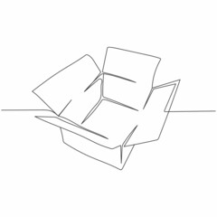 Continuous one line drawing of open cardboard box in silhouette on a white background. Linear stylized.