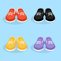 Set of sneakers in red, black, yellow, purple colors on an isolated background. Vector illustration of bright shoes. Flat design.