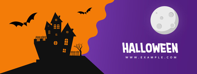 Halloween banner, sale marketing idea, pumpkin, orange and purple accent, haunted house, bats, moon, modern seasonal vector illustration template, scary graphic design, minimalist celebration layout - obrazy, fototapety, plakaty