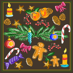 Merry Christmas and a Happy New Year design for banner, frame. Christmas ginger bread, candles, lollipops, tree branches, tree toys, oranges, gifts. Isolated vector objects.