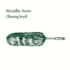 Microfiber Duster Cleaning brush. Ink black and white doodle drawing in woodcut style.