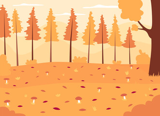 Autumn woods flat color vector illustration. Seasonal landscape with growing mushrooms. Panoramic autumnal countryside. Fall forest 2D cartoon landscape with no people on background