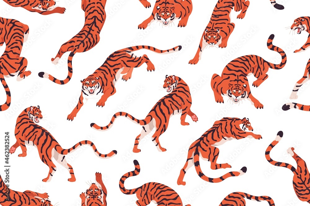 Poster Seamless pattern with angry tigers. Endless repeating background with evil wild felines prowling and roaring. Texture design with tropical animal for printing. Colored flat vector illustration