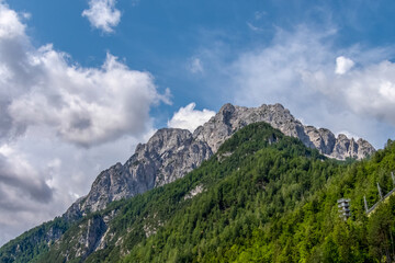 View of the top of  Triglav Mountain from the ground in Slovenia
