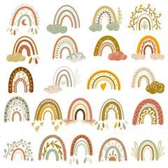 Rainbows in celestial boho style with months. Scandinavian design for wallpaper and home decor. Contemporary backgrounds for childbirth, birthday,planner and calendar. 