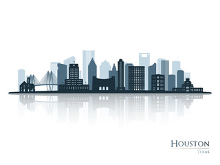 Houston skyline silhouette with reflection. Landscape Houston, Texas. Vector illustration. - 462382727