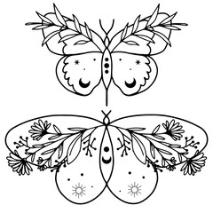 Celestial Bohemian boho butterfly decorative vector logo set. Moth wildlife alchemy icon symbol