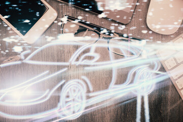 Multi exposure of auto technology theme drawing over table with phone. Top view. Concept of automatic pilot.