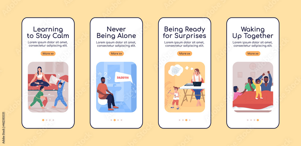 Wall mural parenting challenges onboarding mobile app screen flat vector template. walkthrough website 4 steps 