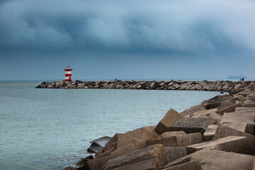 Safety beacon and rain clouds in Scheveningen in the Netherlands