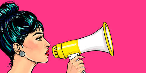 Pop art girl with megaphone. Woman with loudspeaker. Advertising poster with lady announcing discount or sale. - 462384308