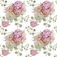 Endless pattern of flowers peony leaves. Hand drawn watercolor illustration. Ideal for fabric, paper printing, wallpaper, scrapbooking, wrapping paper. Romantic style. Flower background