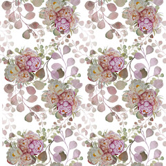 Endless pattern of flowers peony leaves. Hand drawn watercolor illustration. Ideal for fabric, paper printing, wallpaper, scrapbooking, wrapping paper. Romantic style. Flower background