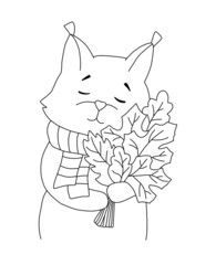 The outline of squirrel in a striped scarf hugs a bright bouquet of autumn leaves. Cartoon hand drawn illustration
