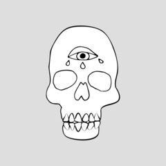 Vintage Mystic Skull with third eye drawing print Illustration. Doodle skull decorated with eye of wisdom