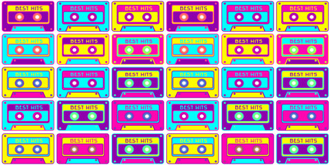 Music concept with audio cassette. Seamless pattern for wallpaper, web or printable background. 90's style.