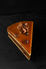 Piece of mousse cake on black background