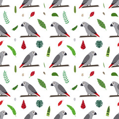 Seamless pattern with grey african parrots Jaco, tropical leaves and flowers. Cute baby print for fabric and textile. © renko_art