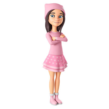 Cartoon character of a cheerful girl in pink clothes stands with her arms folded on her chest. 3d render illustration.