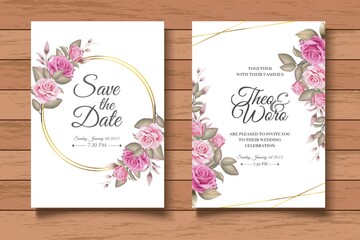 Hand Drawn Floral Wedding Invitation Card with Wooden Background