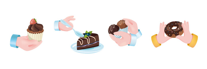 Sweets dessert graphic concept hands set. Human hands holding strawberry muffin, chocolate cake with berry, candy, donut. Confectionery, pastry menu. Vector illustration with 3d realistic objects