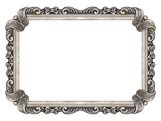 Silver oval frame for paintings, mirrors or photo isolated on white background. Design element with clipping path