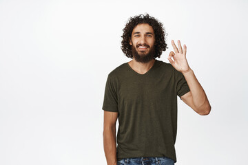 Smiling handsome man showing okay sign, approve and like smth, praise good thing, standing over...