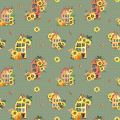Watercolor sunflower houses seamless pattern for fabric. Cute seamless pattern with houses for nursery decor, wrapping paper, thanksgiving. Gardening boho repeat pattern for kitchen towels