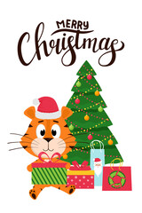 Christmas greeting card with a cute cartoon tiger in a Santa hat holding a gift box on the background of a Christmas tree. Hand lettering Merry Christmas. Color vector illustration on white background