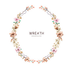 Fall herbs selection design round invitation frame. Rustic boho wedding wreath. Watercolor save the date card. Orange red, taupe, burgundy, brown, cream, gold, rust, beige, sepia autumn colors