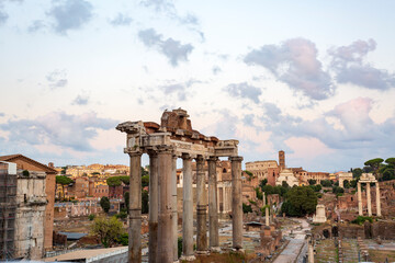 Sunset at the imperial forums in Rome. History landscapes of the Roman Empire