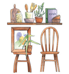 scandinavian interior chair stool shelf painting flower set watercolor beige illustration