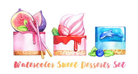 cream berries cakes panna cotta sweets logo watercolor sweet tender jelly strawberry isolated set