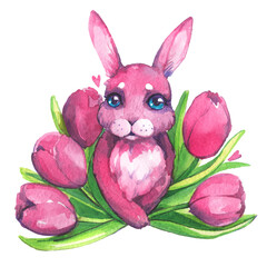 Bunny rabbit tulip watercolor pink cute bouquet postcard congratulation spring tender cute isolated white background