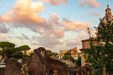 Sunset at the imperial forums in Rome. History landscapes of the Roman Empire