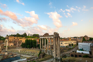 Fototapeta na wymiar Sunset at the imperial forums in Rome. History landscapes of the Roman Empire