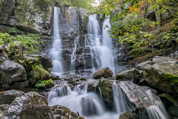 The beautiful Dardagna waterfalls, Corno alle Scale natural park, Lizzano in Belvedere, Italy - obrazy, fototapety, plakaty