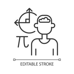 Mathematical intelligence linear icon. Logical thinking and mind. Analyzing and calculating skill. Thin line customizable illustration. Contour symbol. Vector isolated outline drawing. Editable stroke