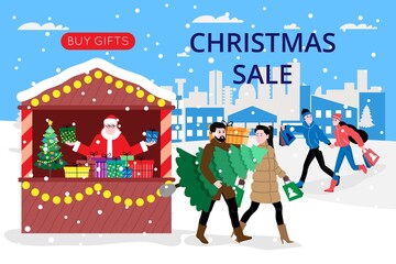 Obraz na płótnie Canvas Christmas and New Year banner for landing page or online store website. Men and women buy gifts and a Christmas tree at the fair sale. Cute vector flat image.