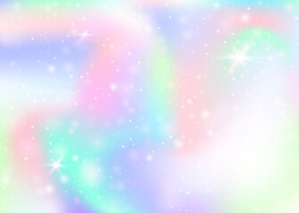 Hologram background with rainbow mesh. Liquid universe banner in princess colors. Fantasy gradient backdrop. Hologram magic background with fairy sparkles, stars and blurs.