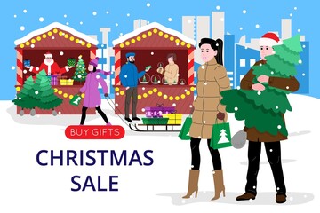Christmas and New Year banner for landing page or online store website. Men and women buy gifts and a Christmas tree at the fair sale. Cute vector flat image.