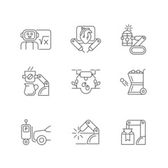 Leading technologies linear icons set. Autonomous robots in gardening and cooking. Industrial automation. Customizable thin line contour symbols. Isolated vector outline illustrations. Editable stroke