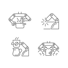 Automated mechanical devices linear icons set. Robotic kitchen. Welding robotics. Coffee making robot. Customizable thin line contour symbols. Isolated vector outline illustrations. Editable stroke