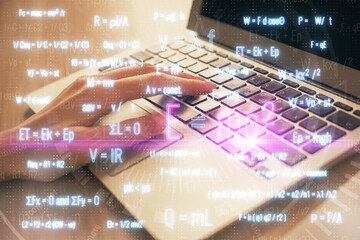 Double exposure of woman hands typing on computer and formula hologram drawing. Education concept.