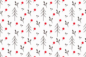 Seamless winter pattern. Christmas tree, red and black berries on a white background. Hand drawing illustration